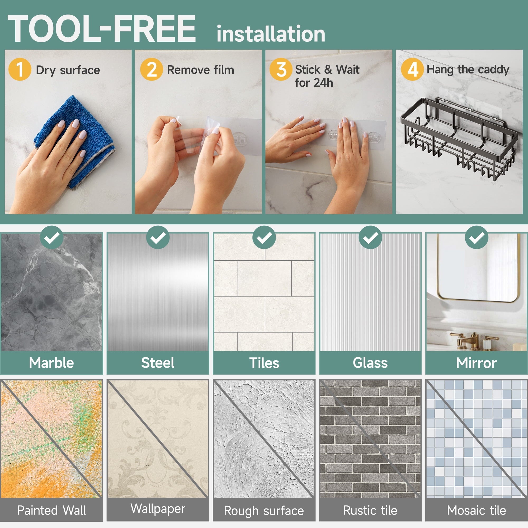 Veken Rustproof & Waterproof Shower Caddy 6-Pack, No Drilling Adhesive Wall Mounted Shower Shelves Rack, Heavy Weight Bearing, Large Organizer Storage Accessories, Ideal for Bathroom, Home & Kitchen