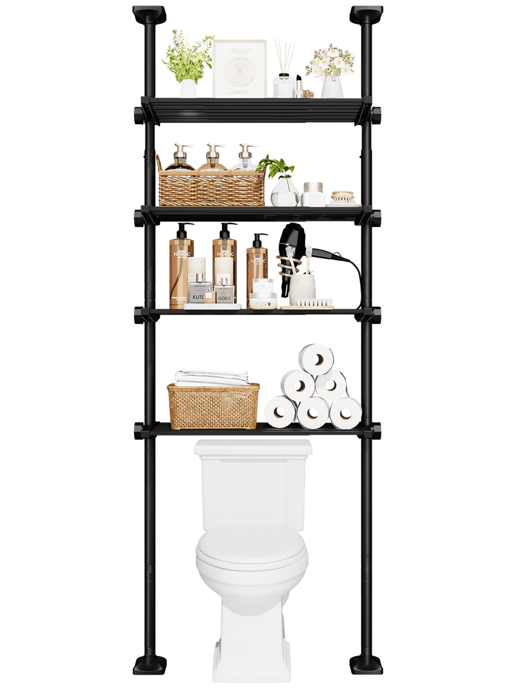 Yeabett 4-Tier over the Toilet Storage Shelf,bathroom Organizer Adjustable Saver Space Rack,no Drill Tension Mounted Shelves,Bathroom Cabinet Rack Above Toilet for Small Rooms,Black
