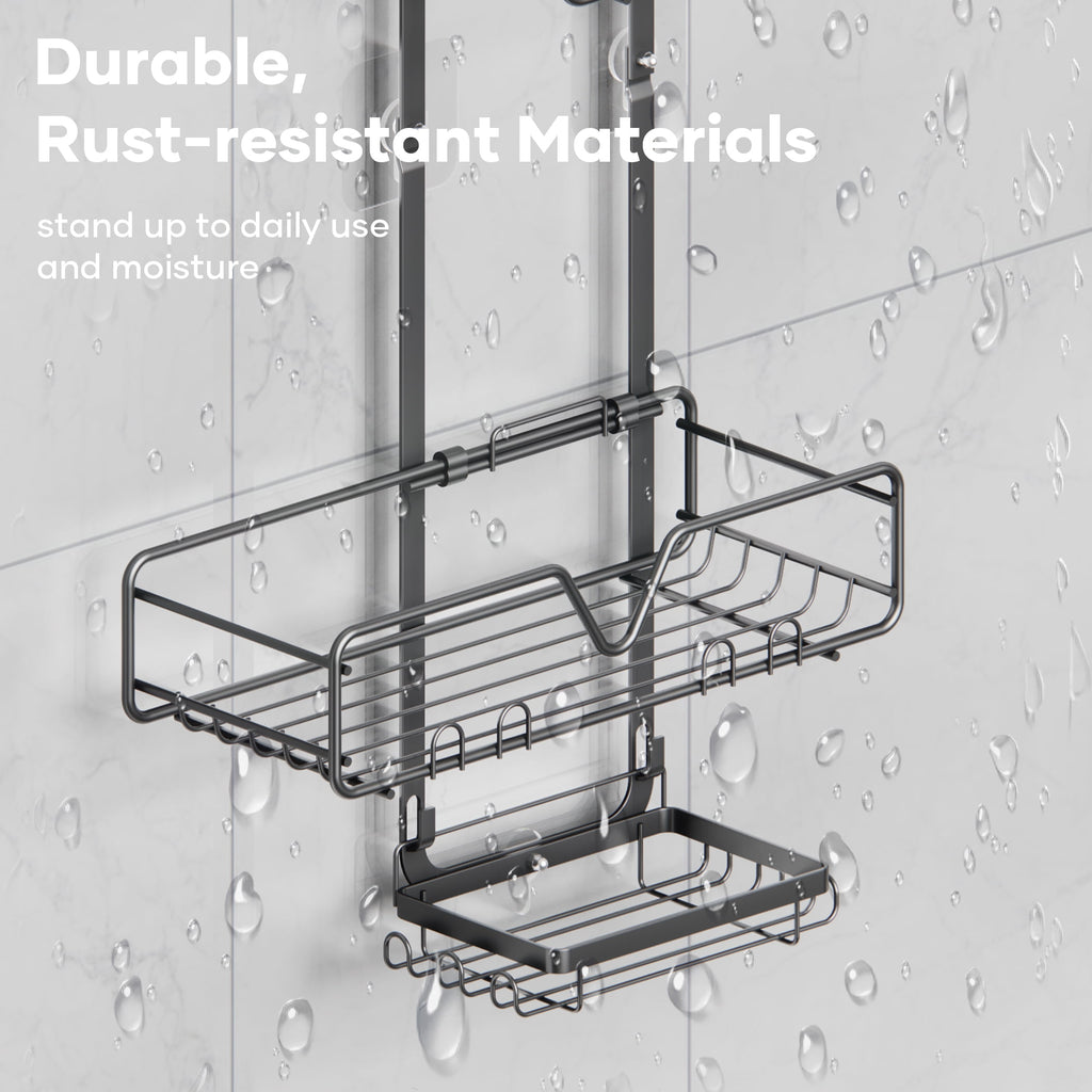 Topritt Shower Caddy Hanging Bathroom Organizer, Adjustable Shower Racks Over Shower Head, Rustproof, No-Drill Organizer, Large Storage Shelf for Shampoo Bottles with Soap Holder, Black