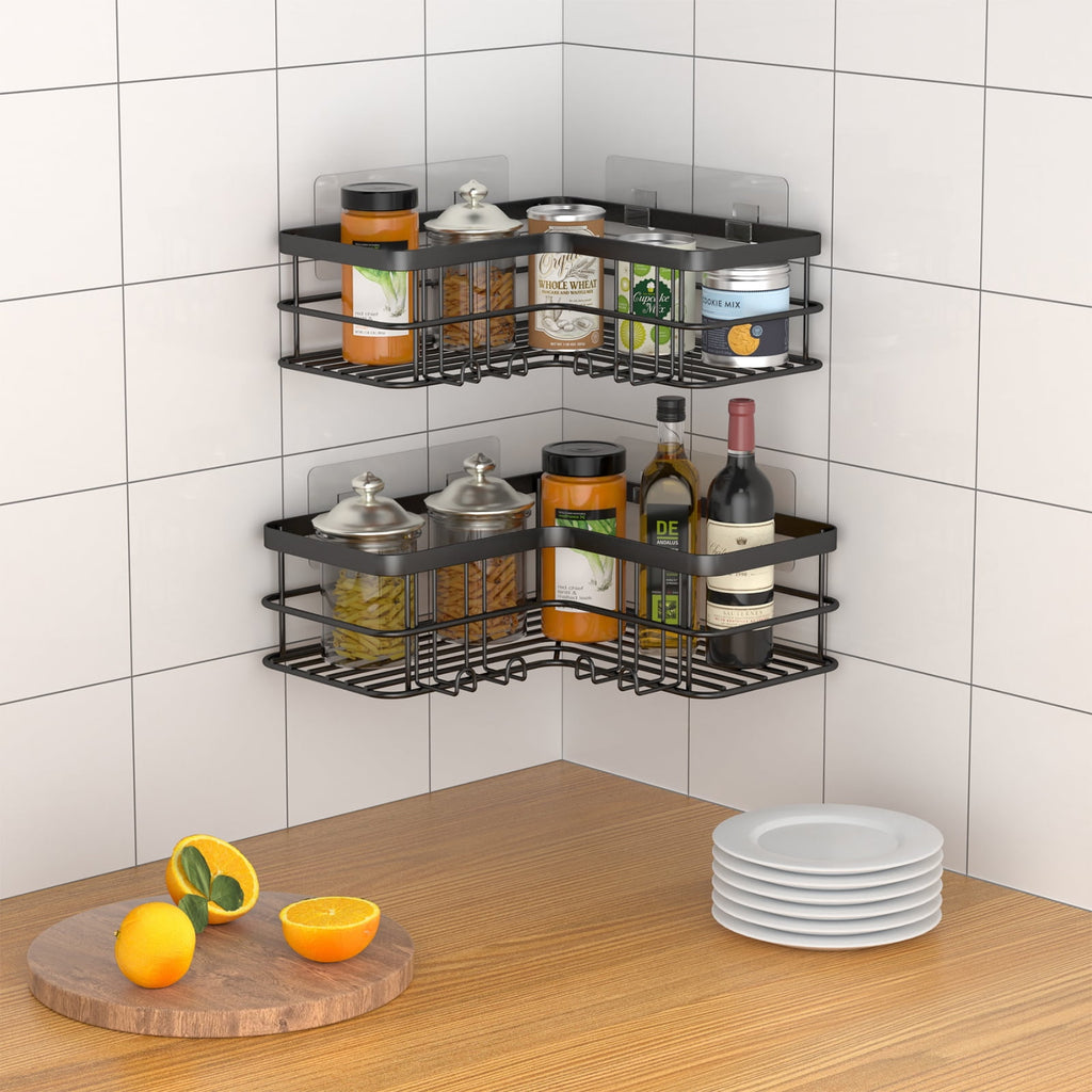 stusgo 2-Shelf Shower Caddy Corner, No Drill Rustproof Stainless Steel Bathroom Shower Organizer Wall Mounted with 8 Hooks,Black
