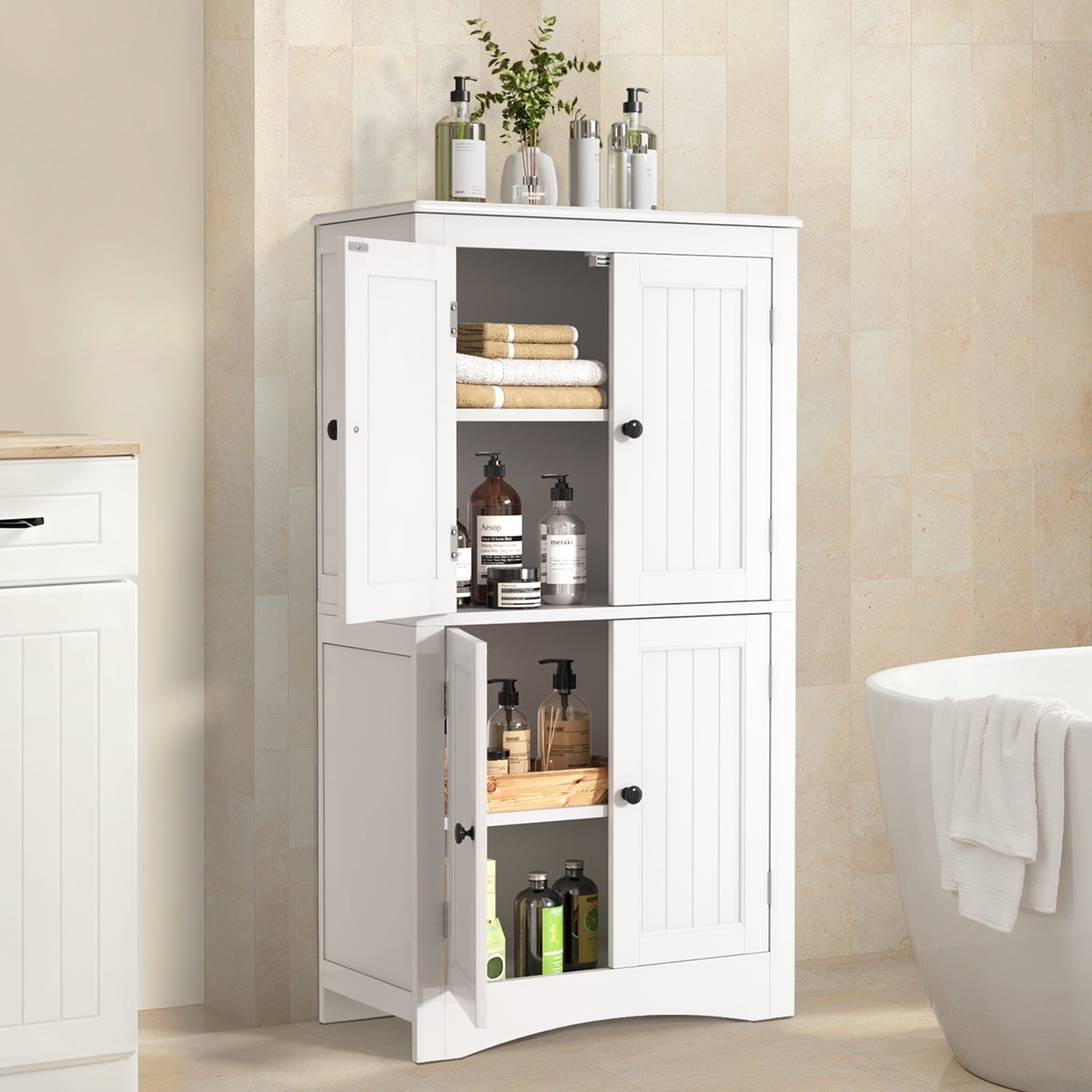 Asofer Bathroom Floor Storage Cabinet, Freestanding Cabinet with 4 Doors, Adjustable Shelves, White