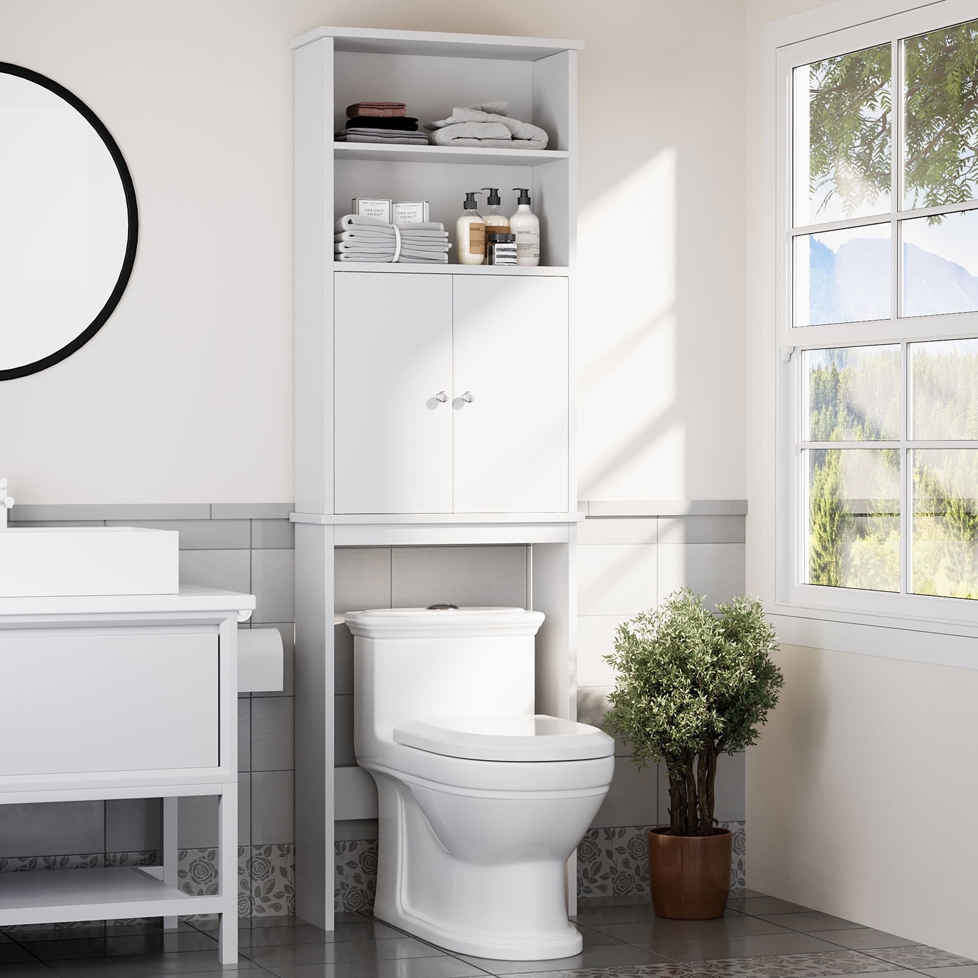 Walsunny Over the Toilet Storage Cabinets Wood Bathroom Organizer Shelf Rack Space Saver with 2 Doors 4 Shelves Anti-Tip Device White