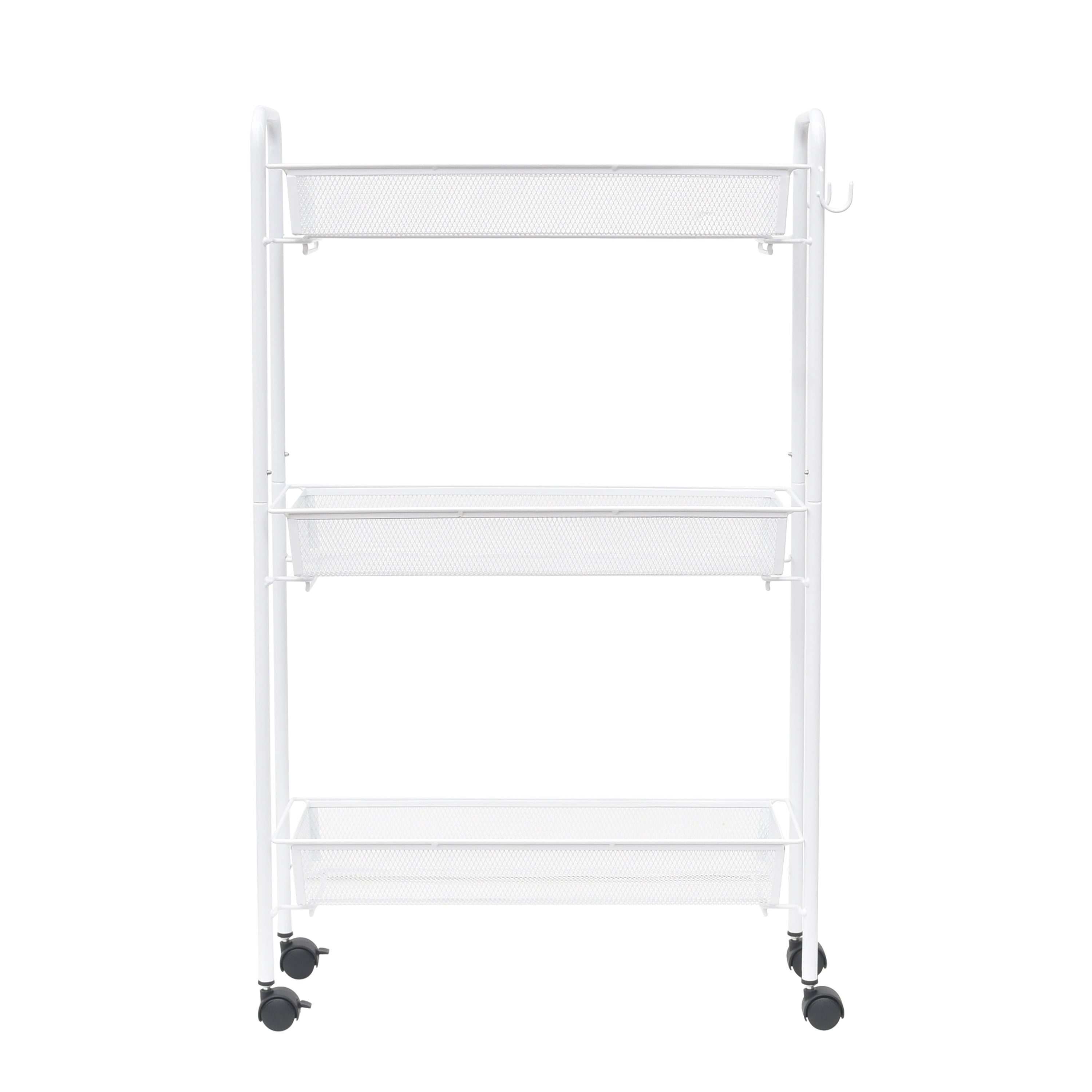 Mainstays 3-Tier Slim Rolling Bathroom Storage Cart with Hooks, White