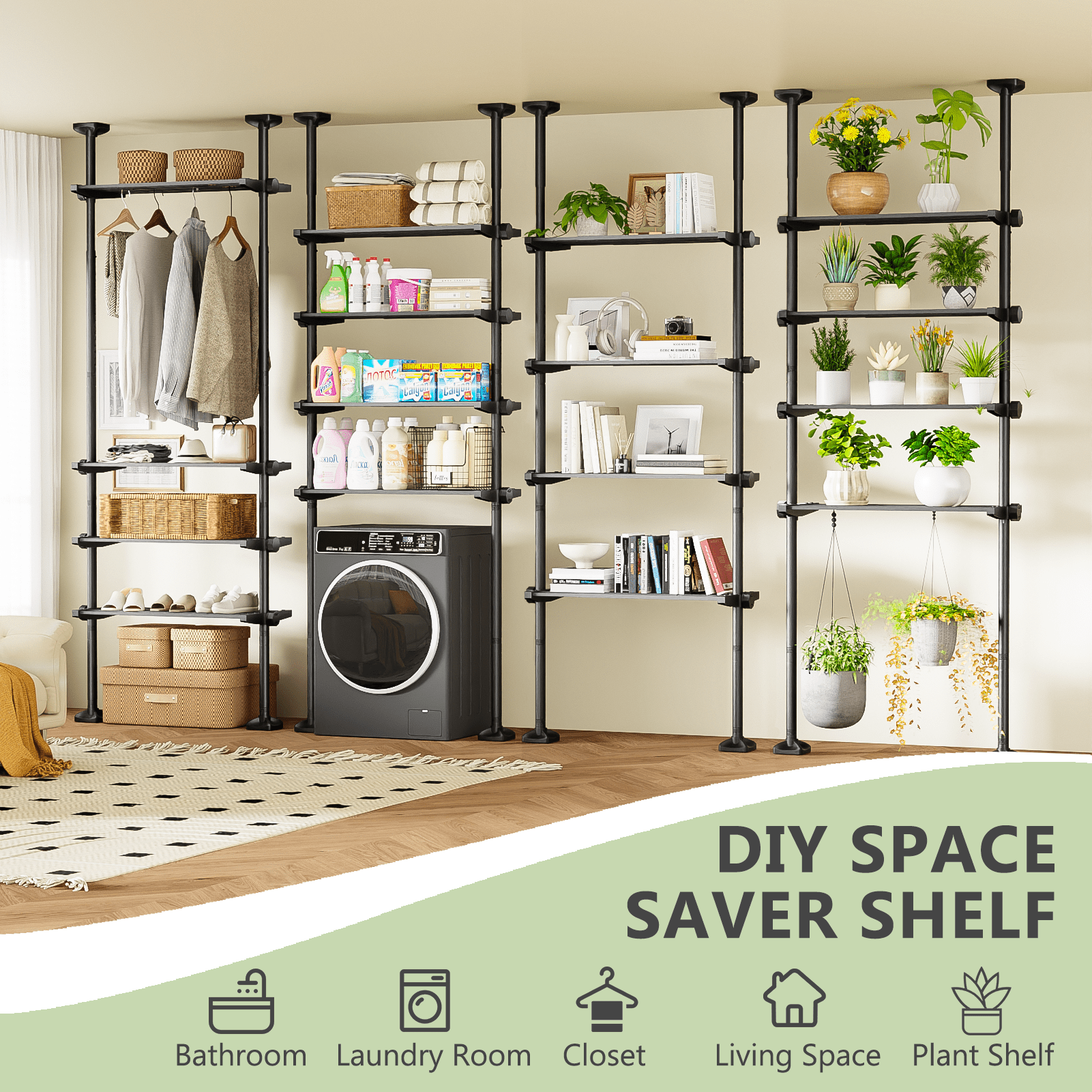 Yeabett 4-Tier over the Toilet Storage Shelf,bathroom Organizer Adjustable Saver Space Rack,no Drill Tension Mounted Shelves,Bathroom Cabinet Rack Above Toilet for Small Rooms,Black