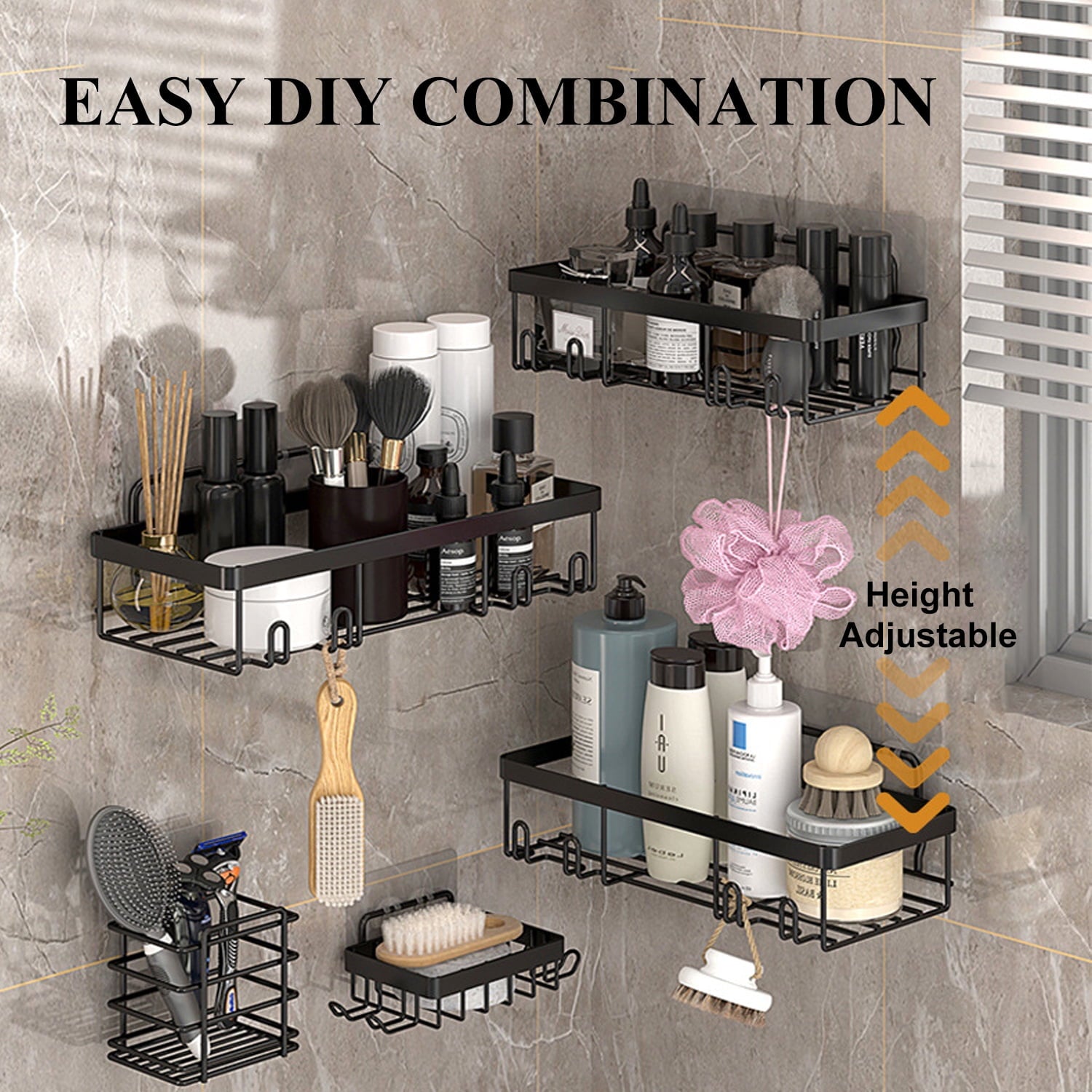 PHANCIR 6 PCS Shower Caddy, No Drilling Bathroom Organizer with Soap Holder, Adhesive Bathroom Caddy, Black