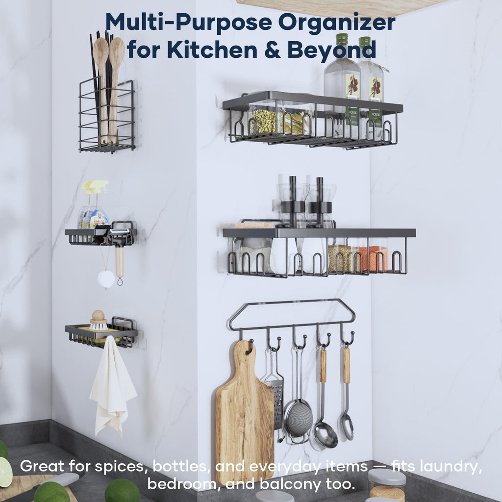 Topritt Shower Caddy 6 Pack, Adhesive Shower Organizer with Soap Holder, Large Capacity, No-Drill Wall Mounted Bathroom Organizer Basket for Bathroom & Kitchen Storage, Black