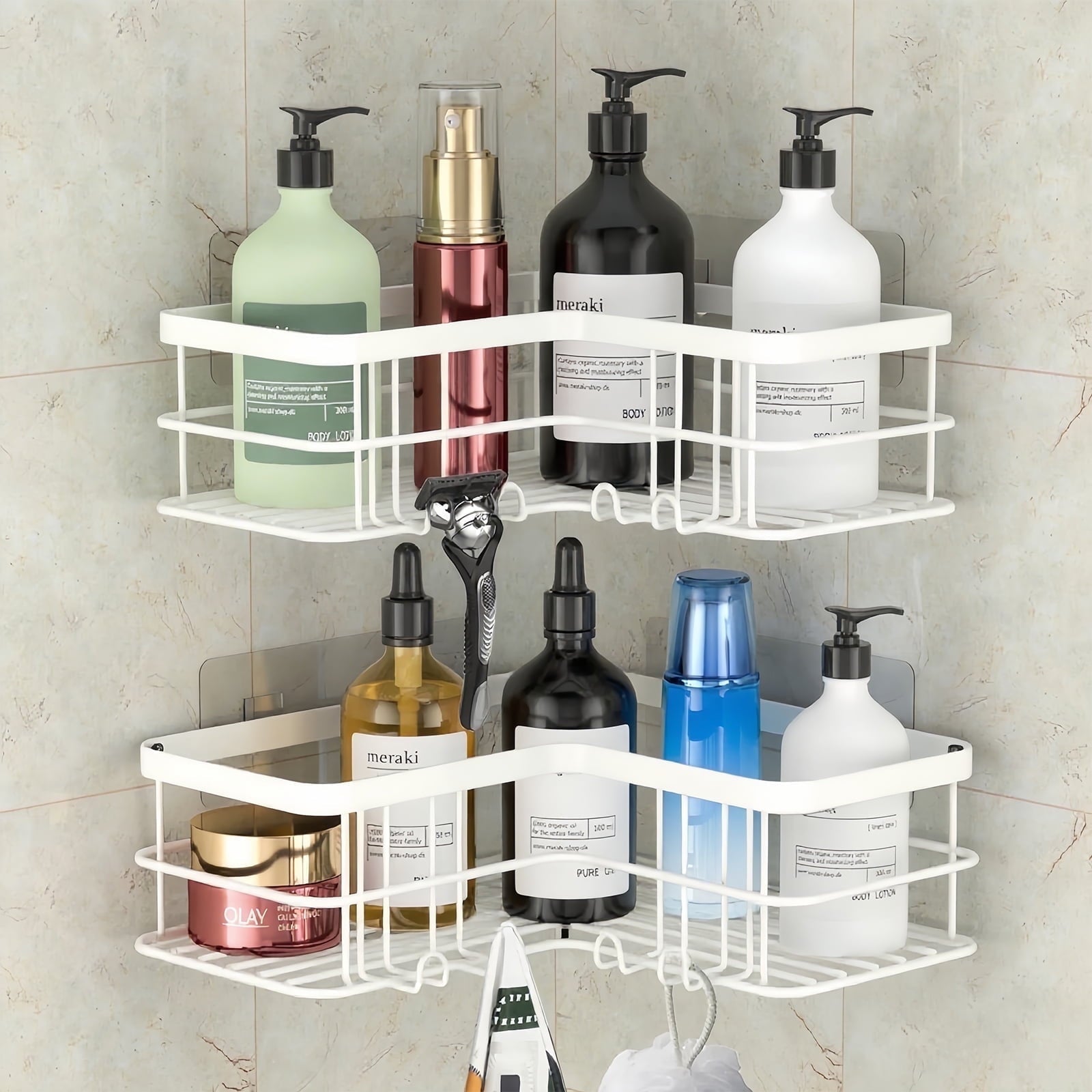 stusgo 2-Shelf Shower Caddy Corner, No Drill Rustproof Stainless Steel Bathroom Shower Organizer Wall Mounted with 8 Hooks,Black