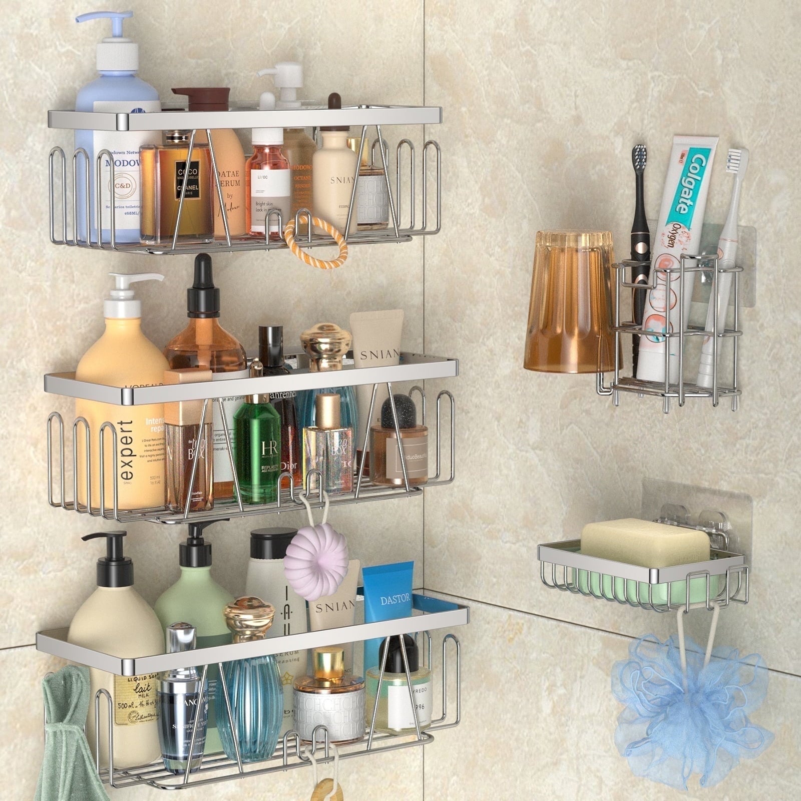 stusgo 2-Shelf Shower Caddy Corner, No Drill Rustproof Stainless Steel Bathroom Shower Organizer Wall Mounted with 8 Hooks,Black