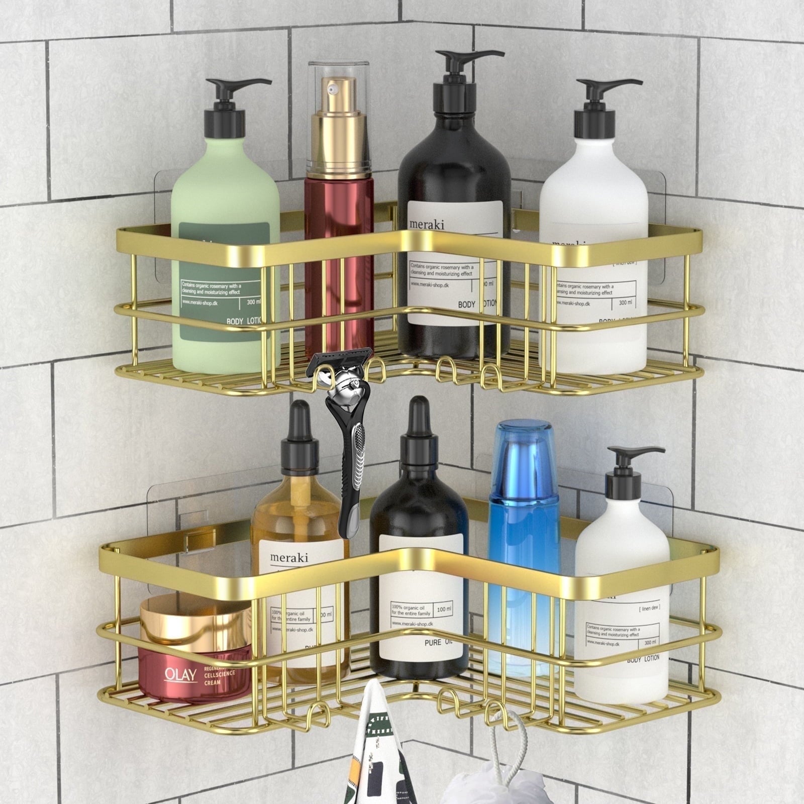 stusgo 2-Shelf Shower Caddy Corner, No Drill Rustproof Stainless Steel Bathroom Shower Organizer Wall Mounted with 8 Hooks,Black